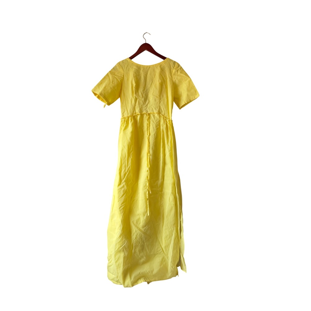 Vintage 60s Yellow Chiffon Maxi Dress Cape Back Bow Empire Waist Floral Damask - Picture 1 of 8